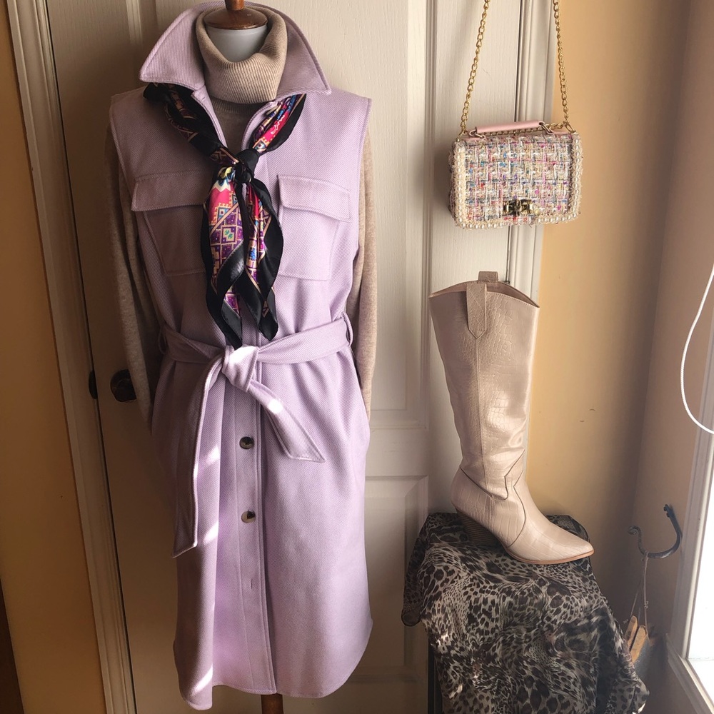 Lavender Belted Sleeveless Coat Vest dress